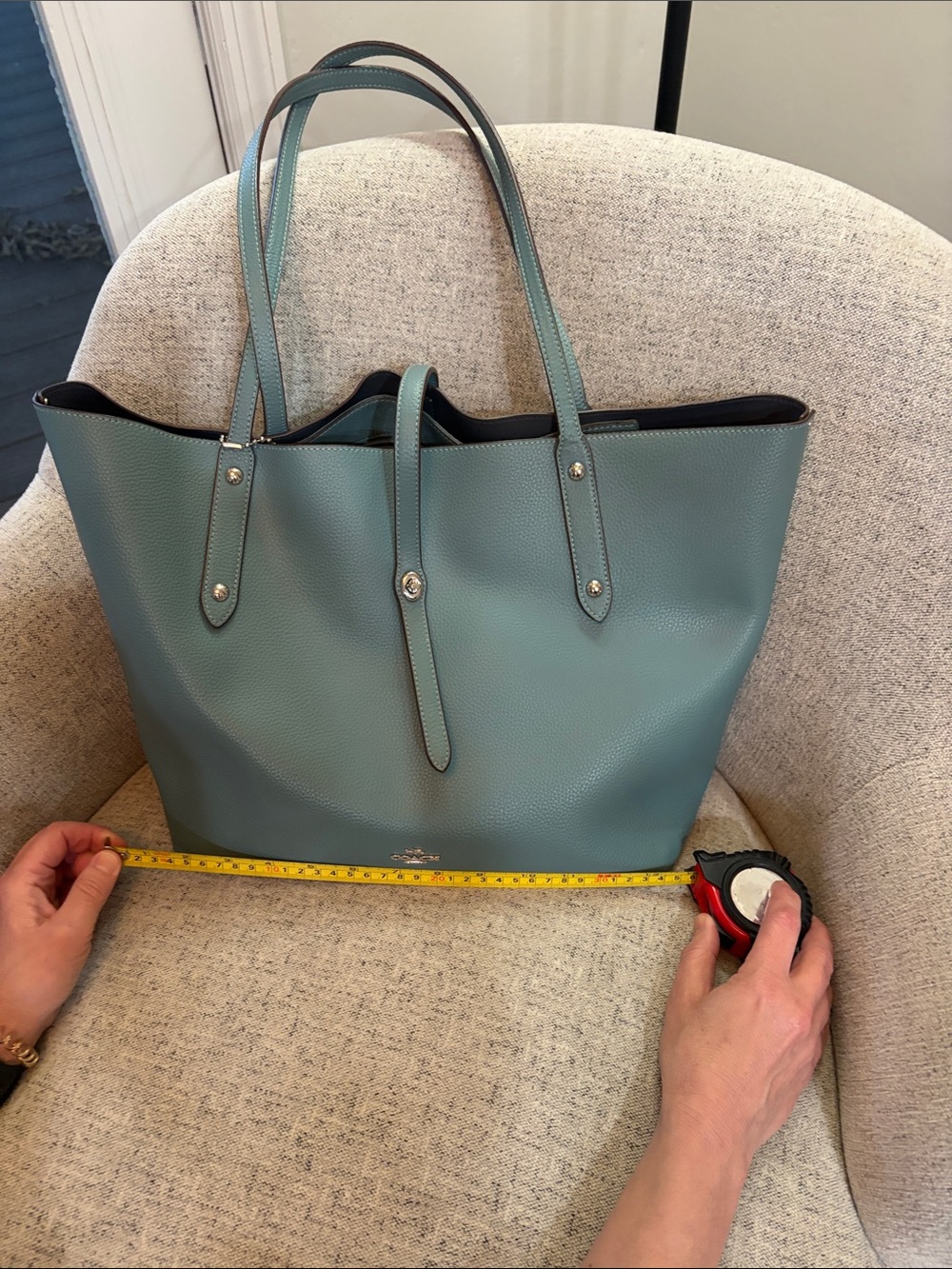 Coach Pebbled Leather Tote in Seafoam Blue-Green